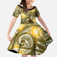 Matariki New Zealand Family Matching Off Shoulder Short Dress and Hawaiian Shirt NZ Niho Taniwha Maori New Year Yellow Galaxy
