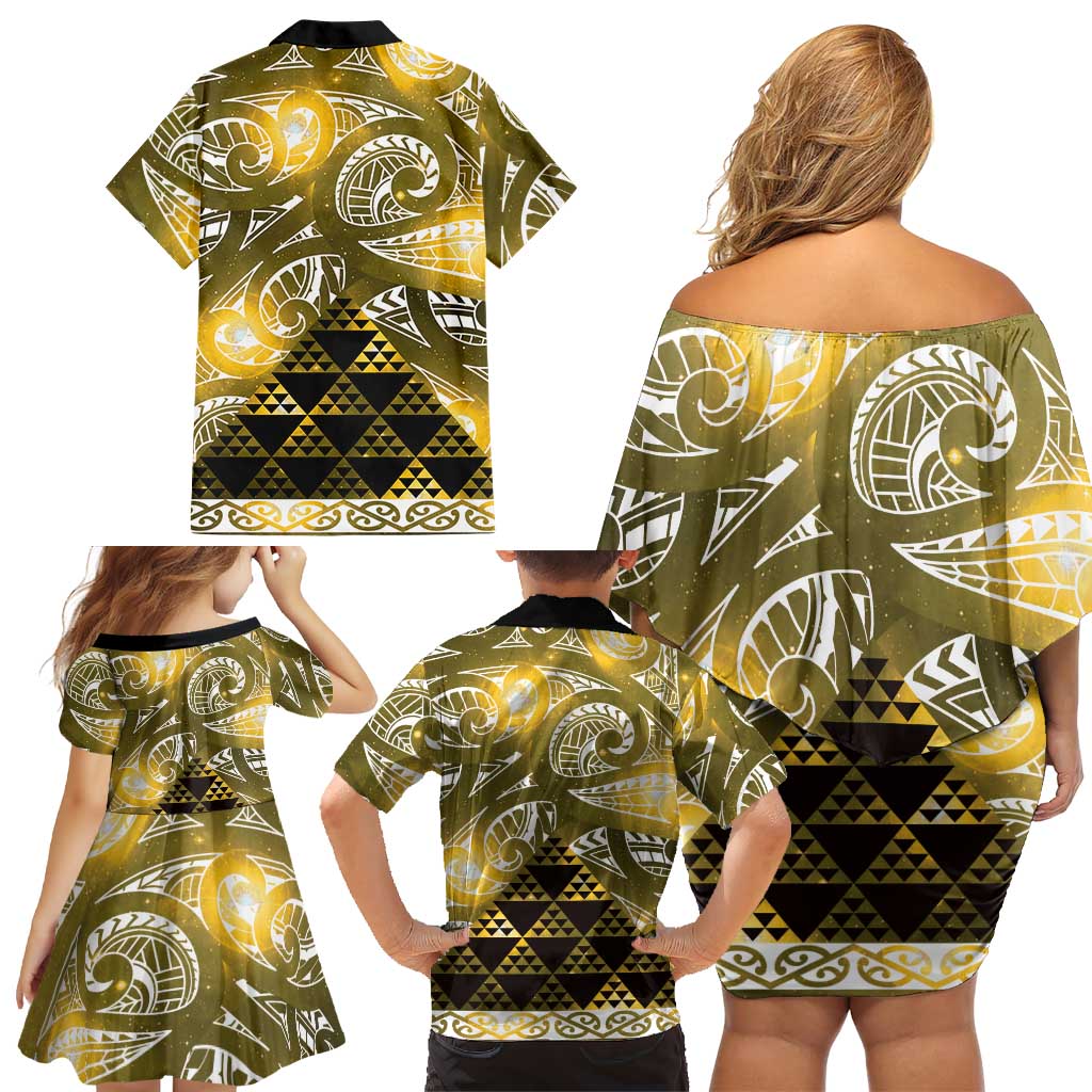 Matariki New Zealand Family Matching Off Shoulder Short Dress and Hawaiian Shirt NZ Niho Taniwha Maori New Year Yellow Galaxy