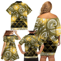 Matariki New Zealand Family Matching Off Shoulder Short Dress and Hawaiian Shirt NZ Niho Taniwha Maori New Year Yellow Galaxy
