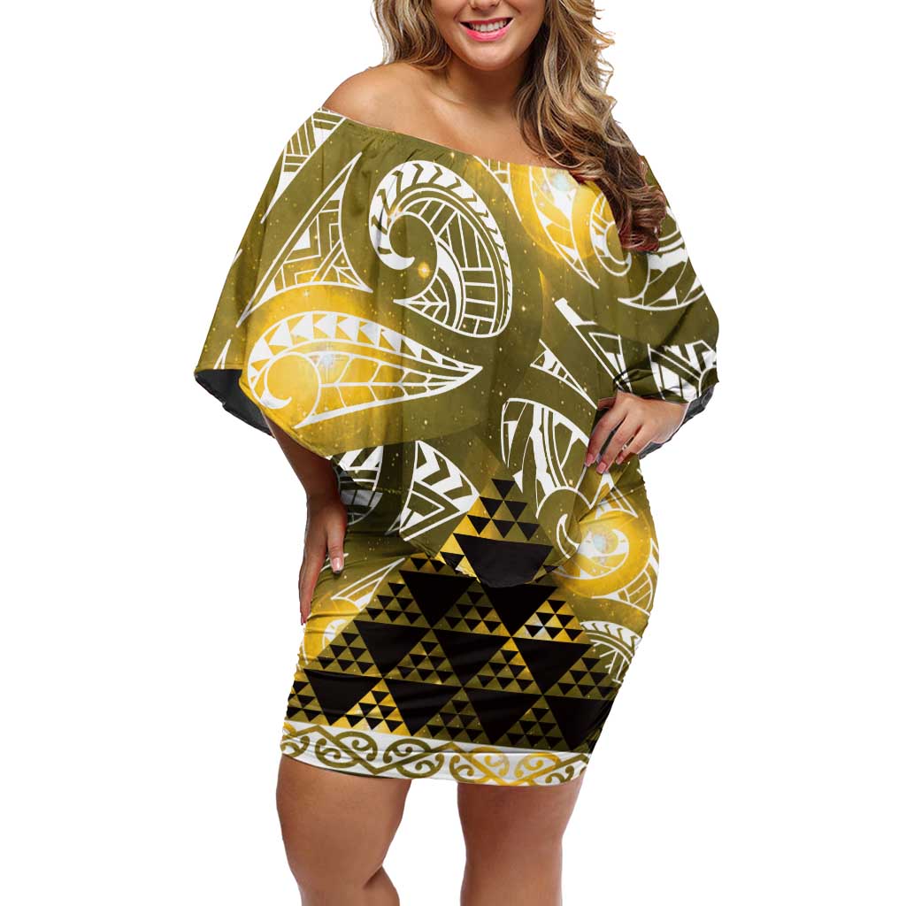 Matariki New Zealand Family Matching Off Shoulder Short Dress and Hawaiian Shirt NZ Niho Taniwha Maori New Year Yellow Galaxy