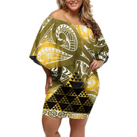 Matariki New Zealand Family Matching Off Shoulder Short Dress and Hawaiian Shirt NZ Niho Taniwha Maori New Year Yellow Galaxy