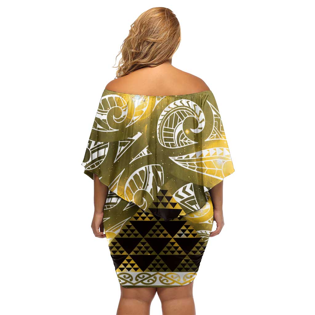 Matariki New Zealand Family Matching Off Shoulder Short Dress and Hawaiian Shirt NZ Niho Taniwha Maori New Year Yellow Galaxy