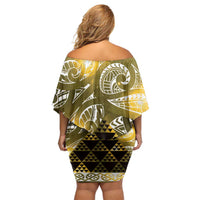 Matariki New Zealand Family Matching Off Shoulder Short Dress and Hawaiian Shirt NZ Niho Taniwha Maori New Year Yellow Galaxy