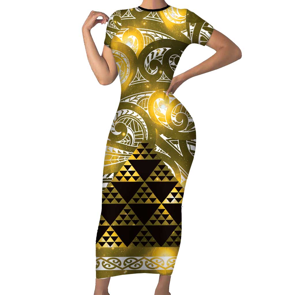 Matariki New Zealand Family Matching Short Sleeve Bodycon Dress and Hawaiian Shirt NZ Niho Taniwha Maori New Year Yellow Galaxy