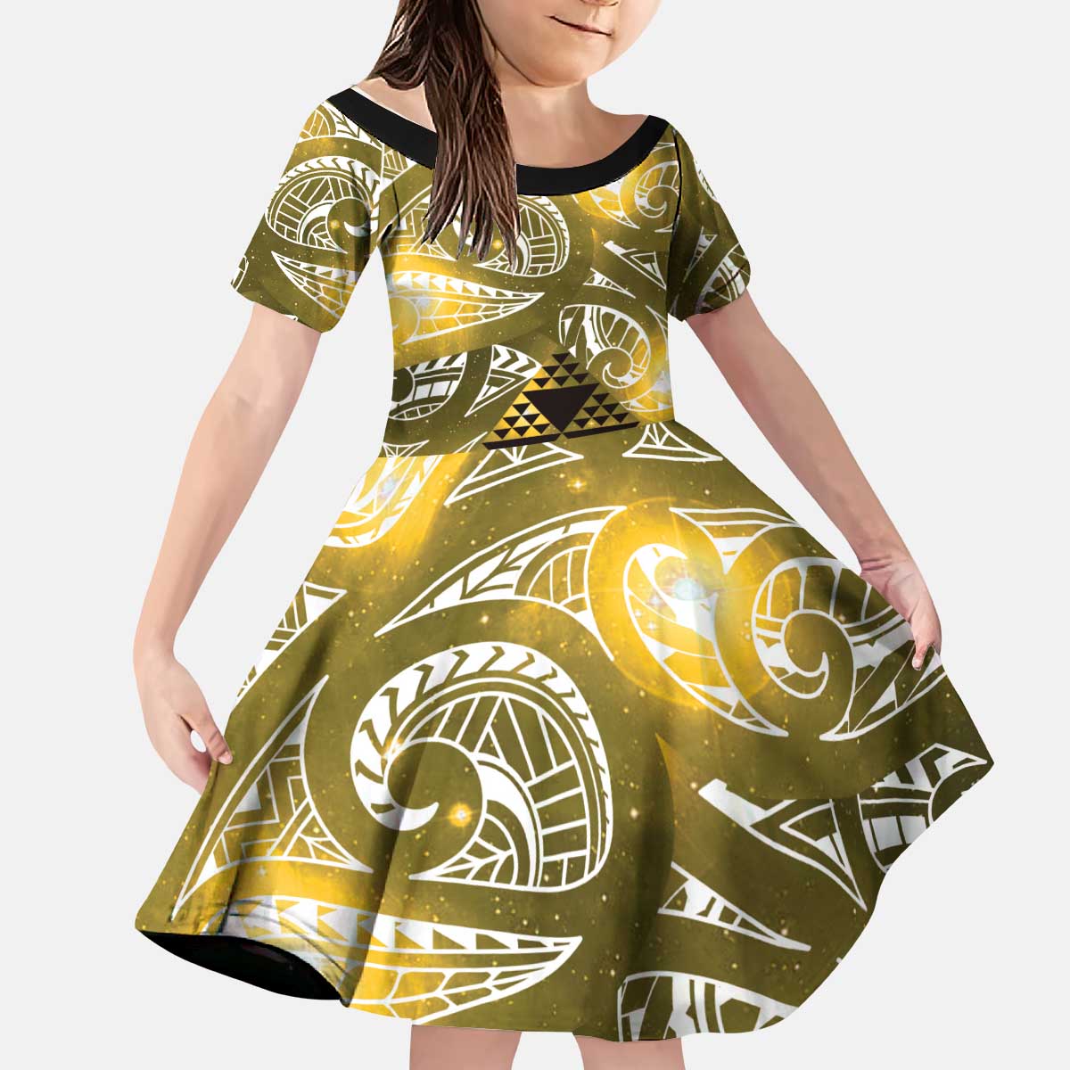 Matariki New Zealand Kid Short Sleeve Dress NZ Niho Taniwha Maori New Year Yellow Galaxy