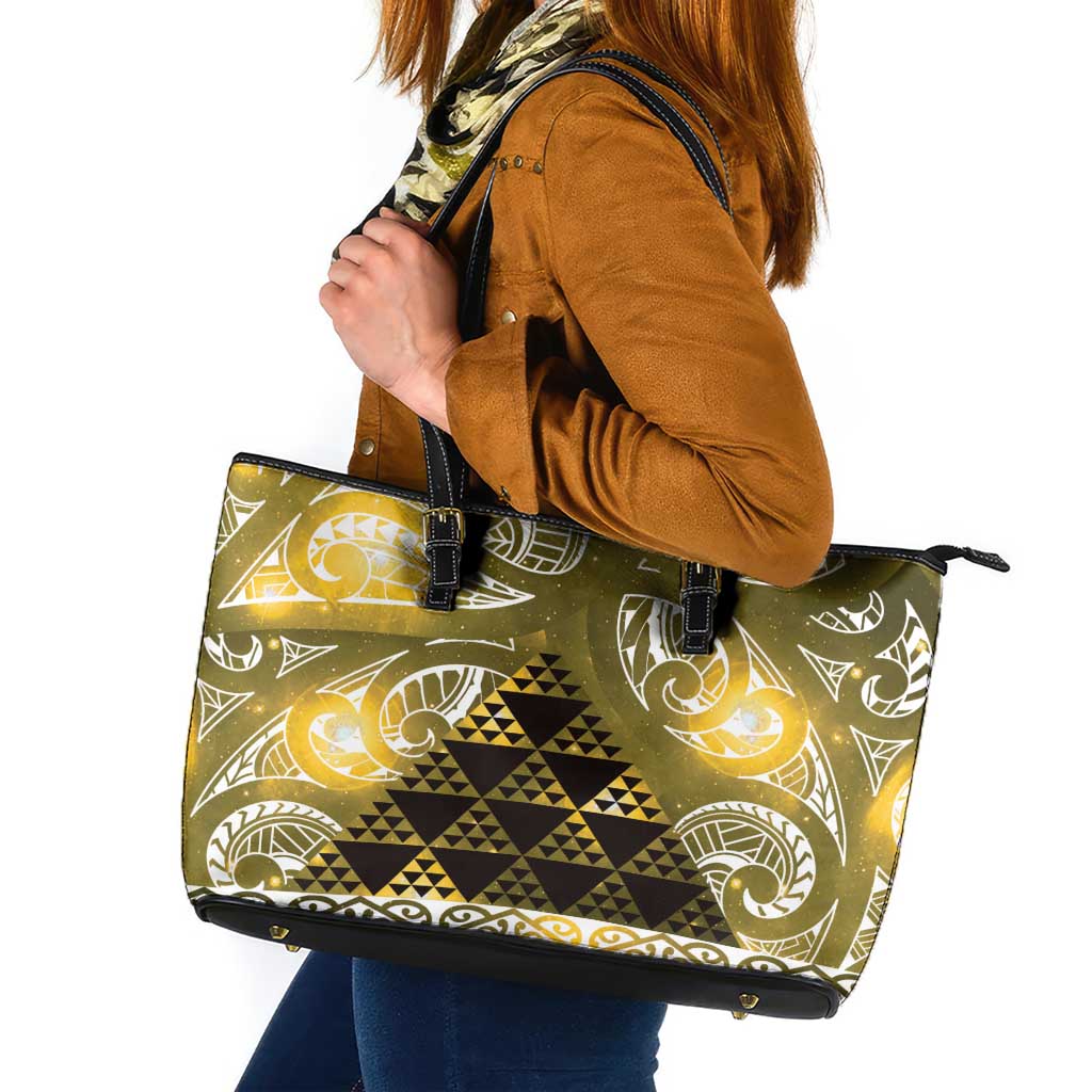 Matariki New Zealand Leather Tote Bag NZ Niho Taniwha Maori New Year Yellow Galaxy