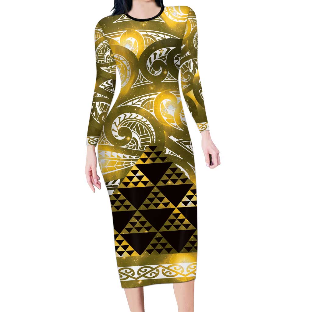 Matariki New Zealand Long Sleeve Bodycon Dress NZ Niho Taniwha Maori New Year Yellow Galaxy