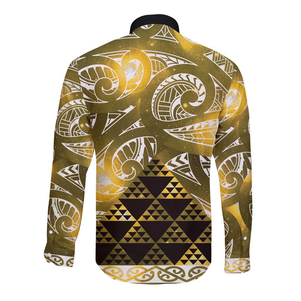 Matariki New Zealand Long Sleeve Button Shirt NZ Niho Taniwha Maori New Year Yellow Galaxy