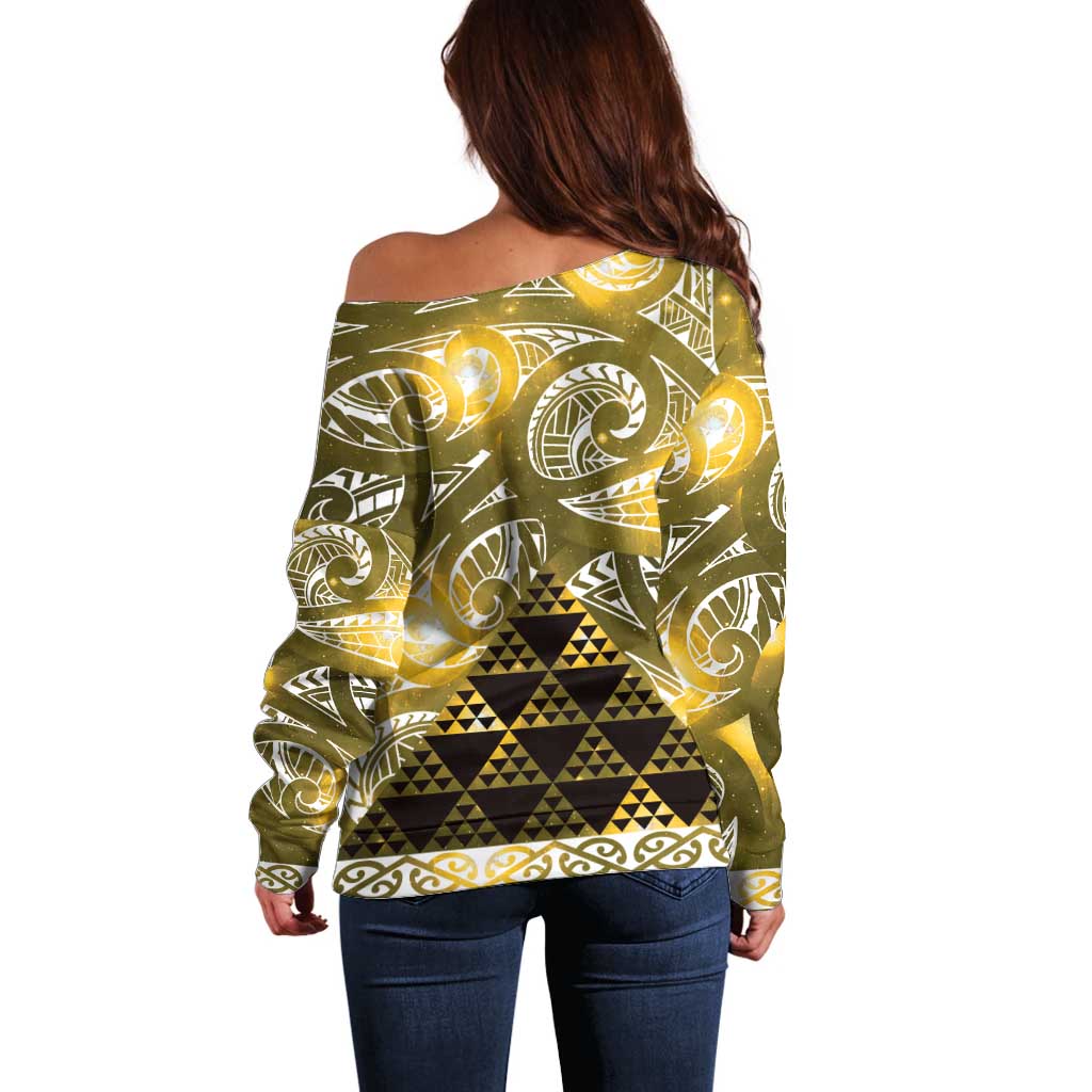 Matariki New Zealand Off Shoulder Sweater NZ Niho Taniwha Maori New Year Yellow Galaxy