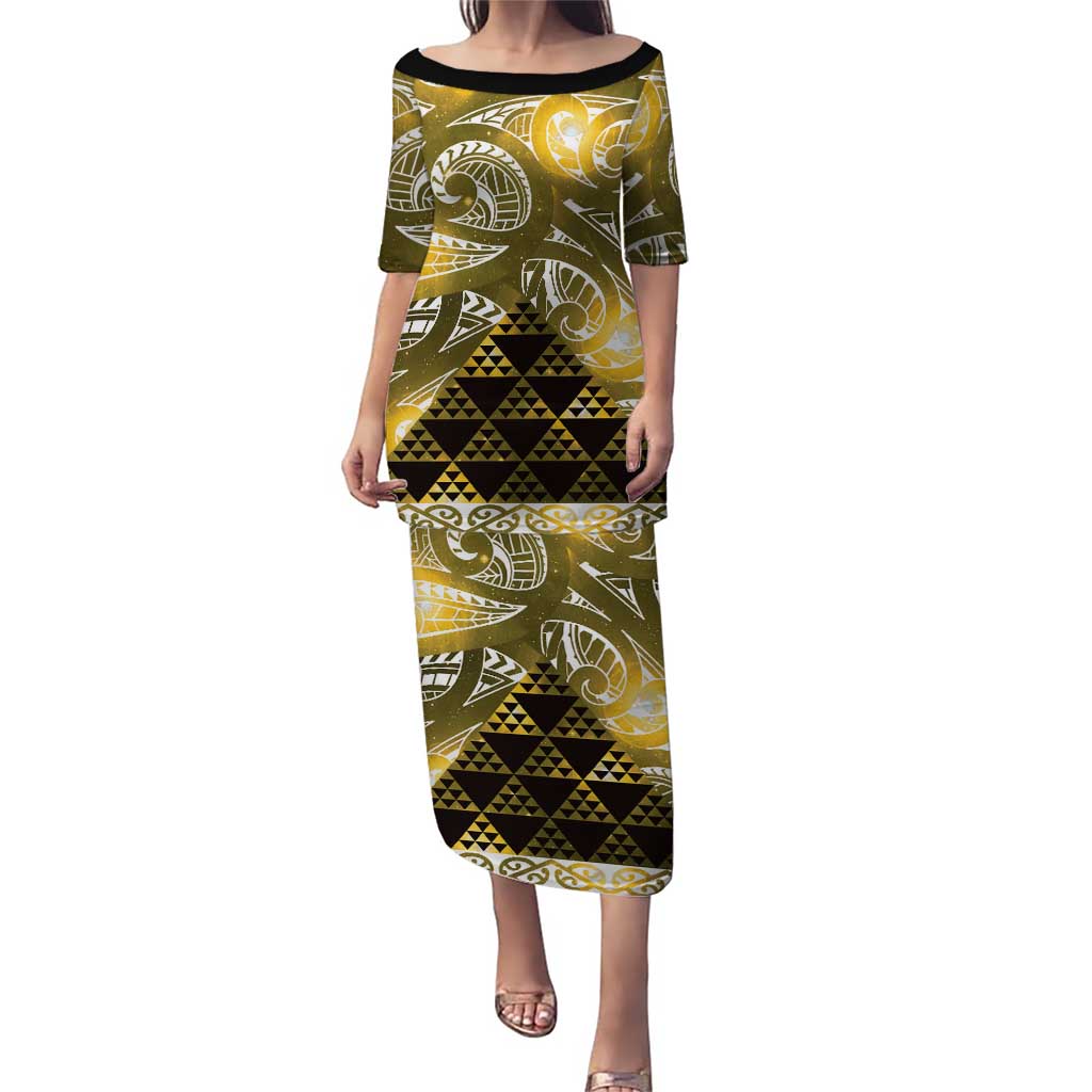 Matariki New Zealand Puletasi NZ Niho Taniwha Maori New Year Yellow Galaxy LT14 Long Dress Yellow - Polynesian Pride