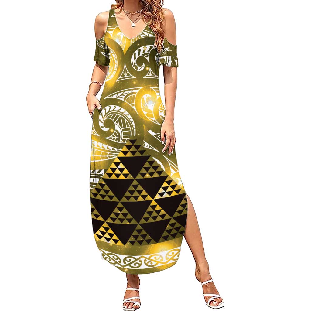 Matariki New Zealand Summer Maxi Dress NZ Niho Taniwha Maori New Year Yellow Galaxy LT14 Women Yellow - Polynesian Pride