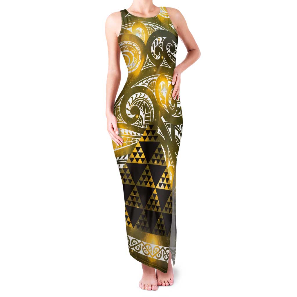 Matariki New Zealand Tank Maxi Dress NZ Niho Taniwha Maori New Year Yellow Galaxy