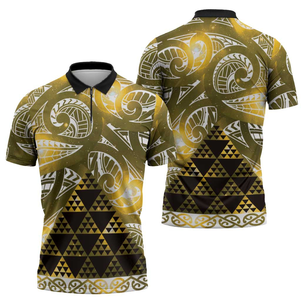 Matariki New Zealand Zipper Polo Shirt NZ Niho Taniwha Maori New Year Yellow Galaxy