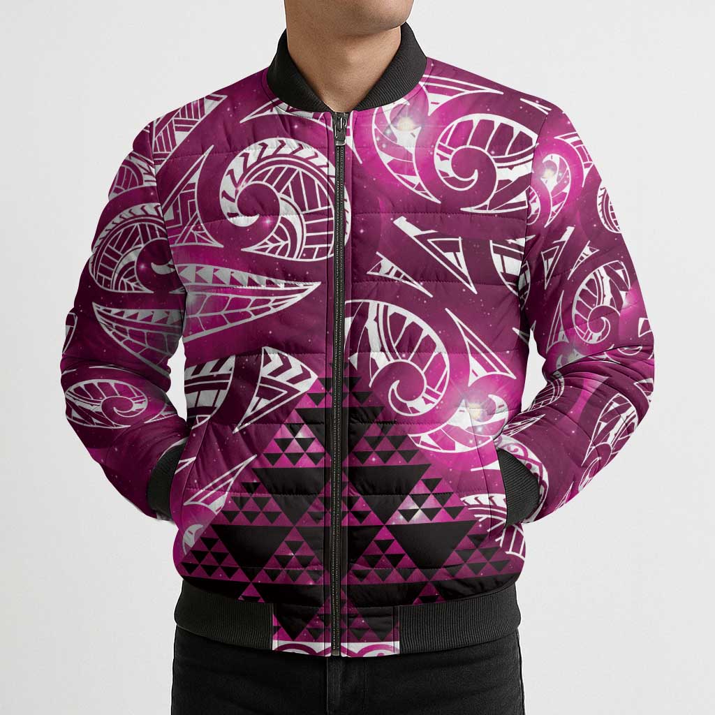 Matariki New Zealand Bomber Puffer Jacket NZ Niho Taniwha Maori New Year Pink Galaxy