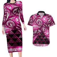 Matariki New Zealand Couples Matching Long Sleeve Bodycon Dress and Hawaiian Shirt NZ Niho Taniwha Maori New Year Pink Galaxy