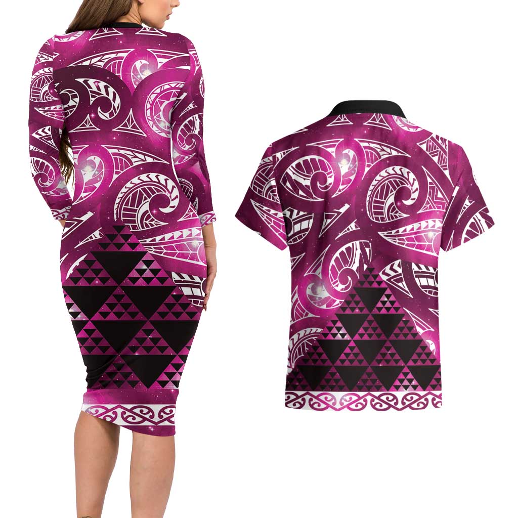 Matariki New Zealand Couples Matching Long Sleeve Bodycon Dress and Hawaiian Shirt NZ Niho Taniwha Maori New Year Pink Galaxy