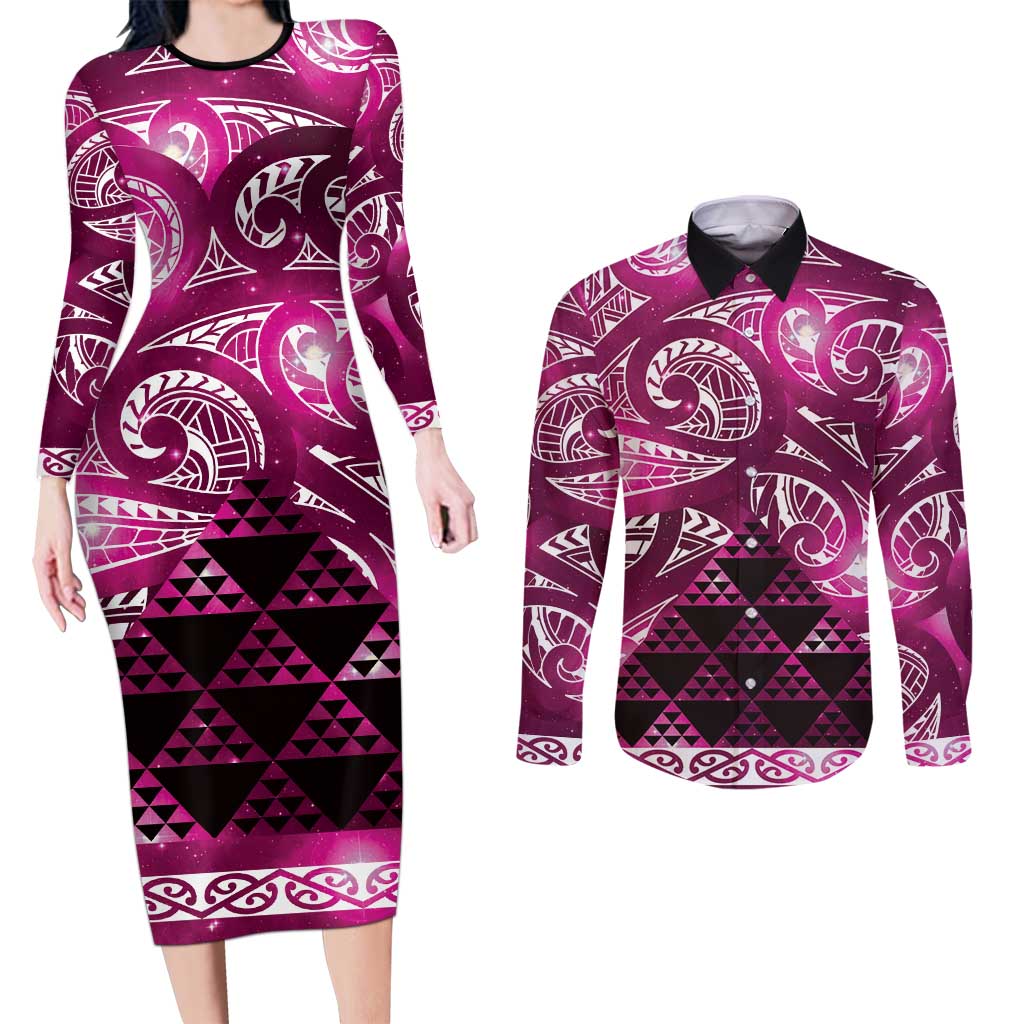 Matariki New Zealand Couples Matching Long Sleeve Bodycon Dress and Long Sleeve Button Shirt NZ Niho Taniwha Maori New Year Pink Galaxy