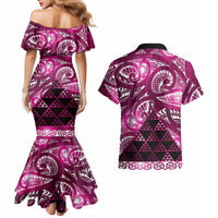 Matariki New Zealand Couples Matching Mermaid Dress and Hawaiian Shirt NZ Niho Taniwha Maori New Year Pink Galaxy
