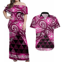 Matariki New Zealand Couples Matching Off Shoulder Maxi Dress and Hawaiian Shirt NZ Niho Taniwha Maori New Year Pink Galaxy
