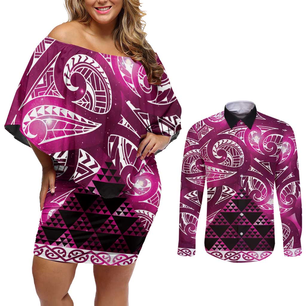 Matariki New Zealand Couples Matching Off Shoulder Short Dress and Long Sleeve Button Shirt NZ Niho Taniwha Maori New Year Pink Galaxy