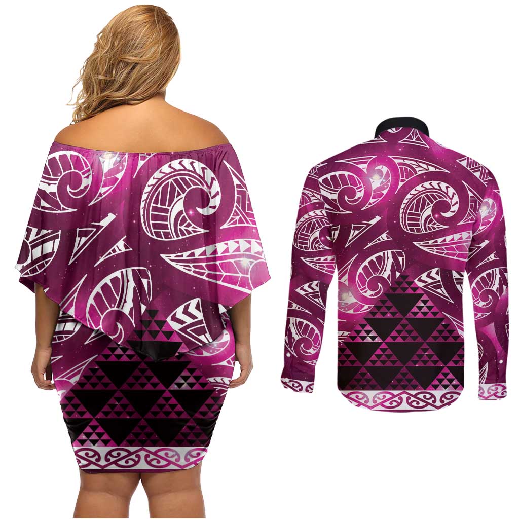 Matariki New Zealand Couples Matching Off Shoulder Short Dress and Long Sleeve Button Shirt NZ Niho Taniwha Maori New Year Pink Galaxy