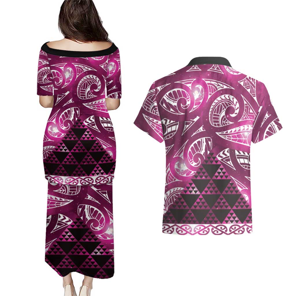 Matariki New Zealand Couples Matching Puletasi and Hawaiian Shirt NZ Niho Taniwha Maori New Year Pink Galaxy