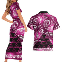 Matariki New Zealand Couples Matching Short Sleeve Bodycon Dress and Hawaiian Shirt NZ Niho Taniwha Maori New Year Pink Galaxy