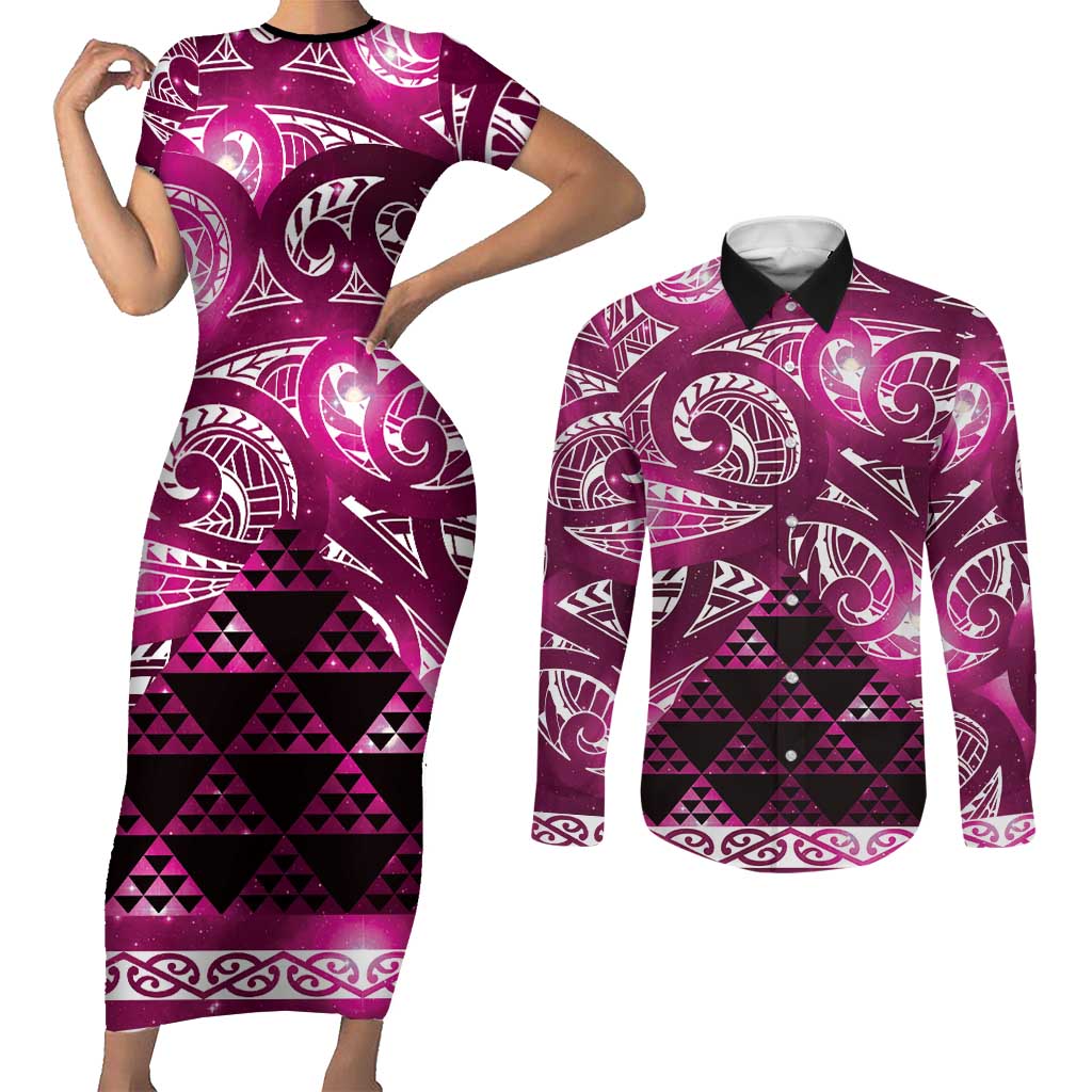 Matariki New Zealand Couples Matching Short Sleeve Bodycon Dress and Long Sleeve Button Shirt NZ Niho Taniwha Maori New Year Pink Galaxy
