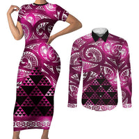 Matariki New Zealand Couples Matching Short Sleeve Bodycon Dress and Long Sleeve Button Shirt NZ Niho Taniwha Maori New Year Pink Galaxy