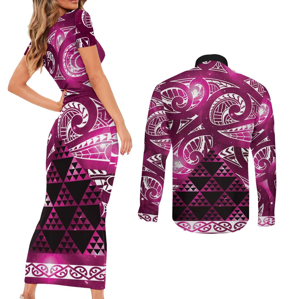 Matariki New Zealand Couples Matching Short Sleeve Bodycon Dress and Long Sleeve Button Shirt NZ Niho Taniwha Maori New Year Pink Galaxy