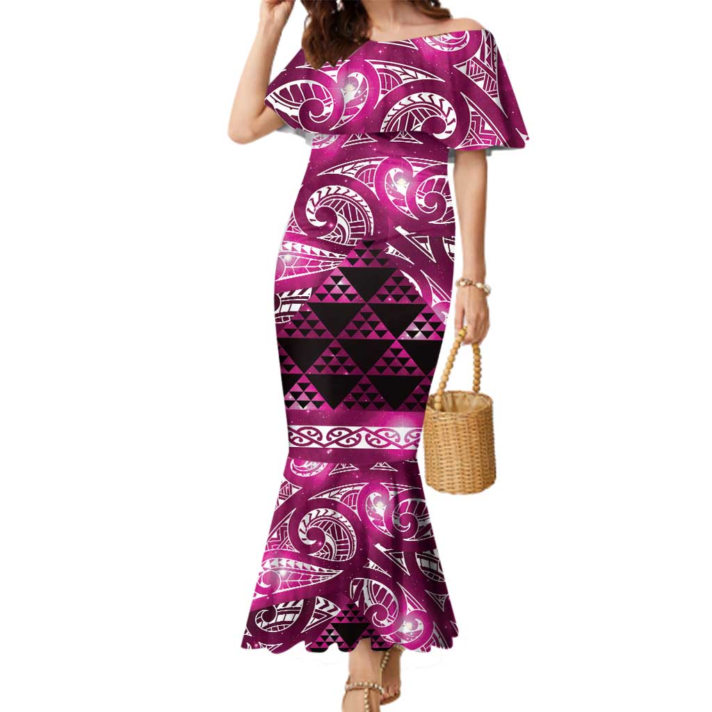 Matariki New Zealand Family Matching Mermaid Dress and Hawaiian Shirt NZ Niho Taniwha Maori New Year Pink Galaxy