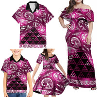 Matariki New Zealand Family Matching Off Shoulder Maxi Dress and Hawaiian Shirt NZ Niho Taniwha Maori New Year Pink Galaxy