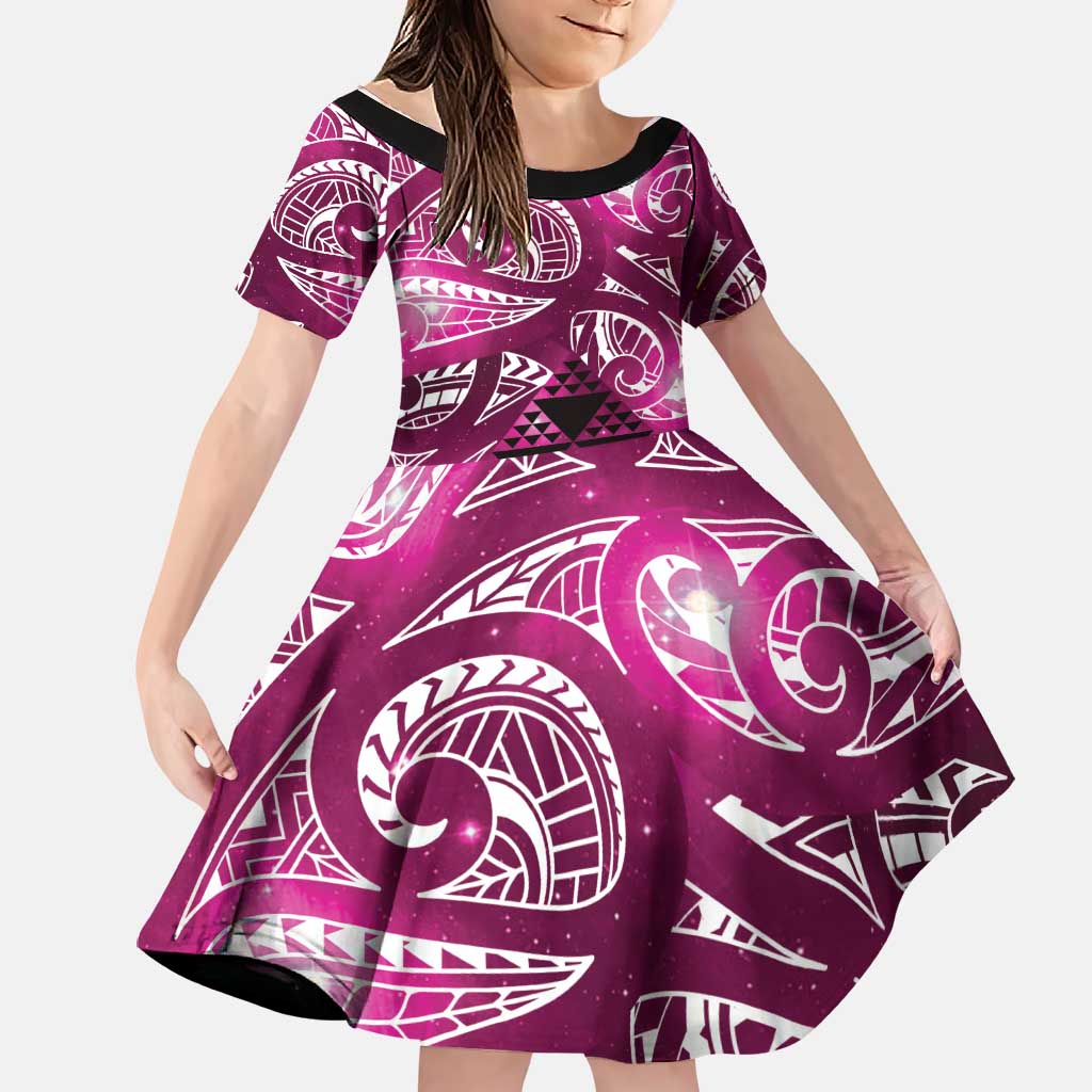 Matariki New Zealand Family Matching Off Shoulder Short Dress and Hawaiian Shirt NZ Niho Taniwha Maori New Year Pink Galaxy