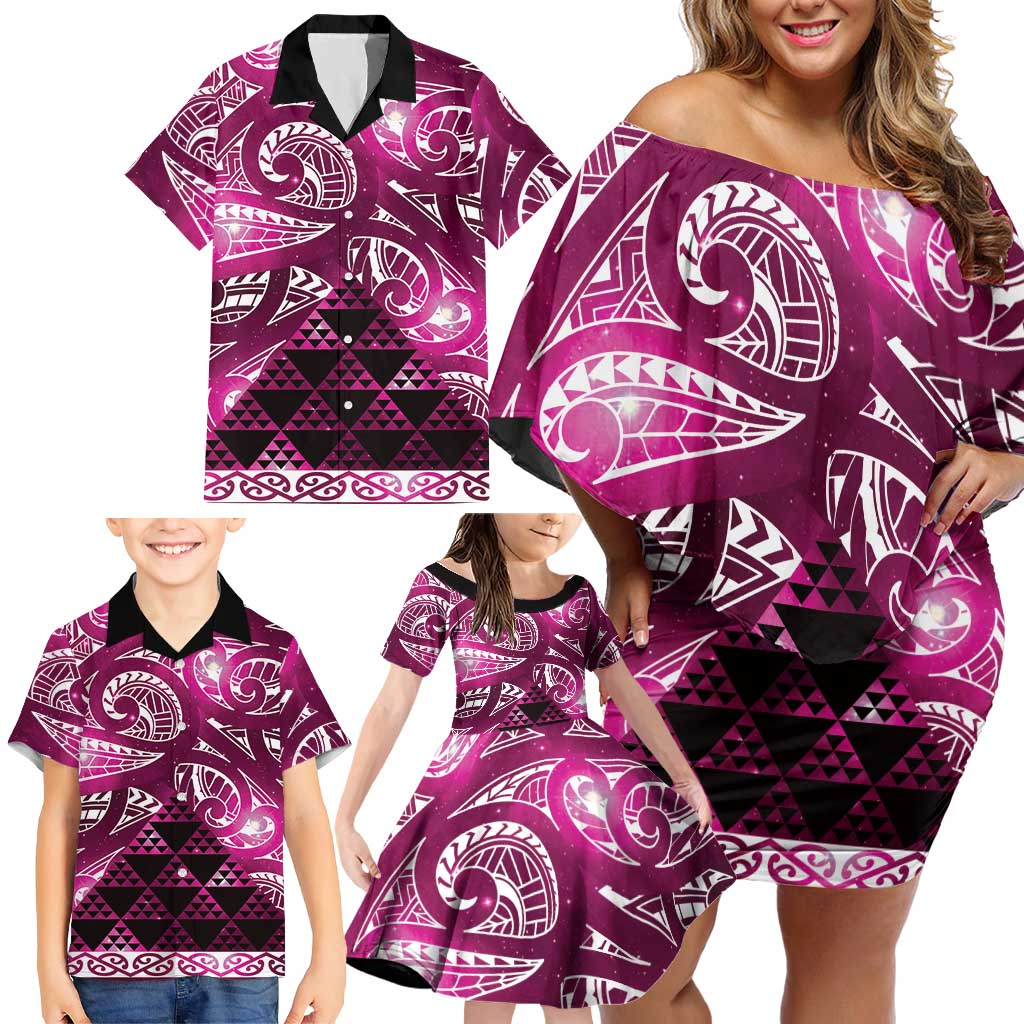 Matariki New Zealand Family Matching Off Shoulder Short Dress and Hawaiian Shirt NZ Niho Taniwha Maori New Year Pink Galaxy