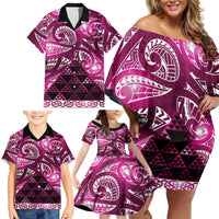 Matariki New Zealand Family Matching Off Shoulder Short Dress and Hawaiian Shirt NZ Niho Taniwha Maori New Year Pink Galaxy