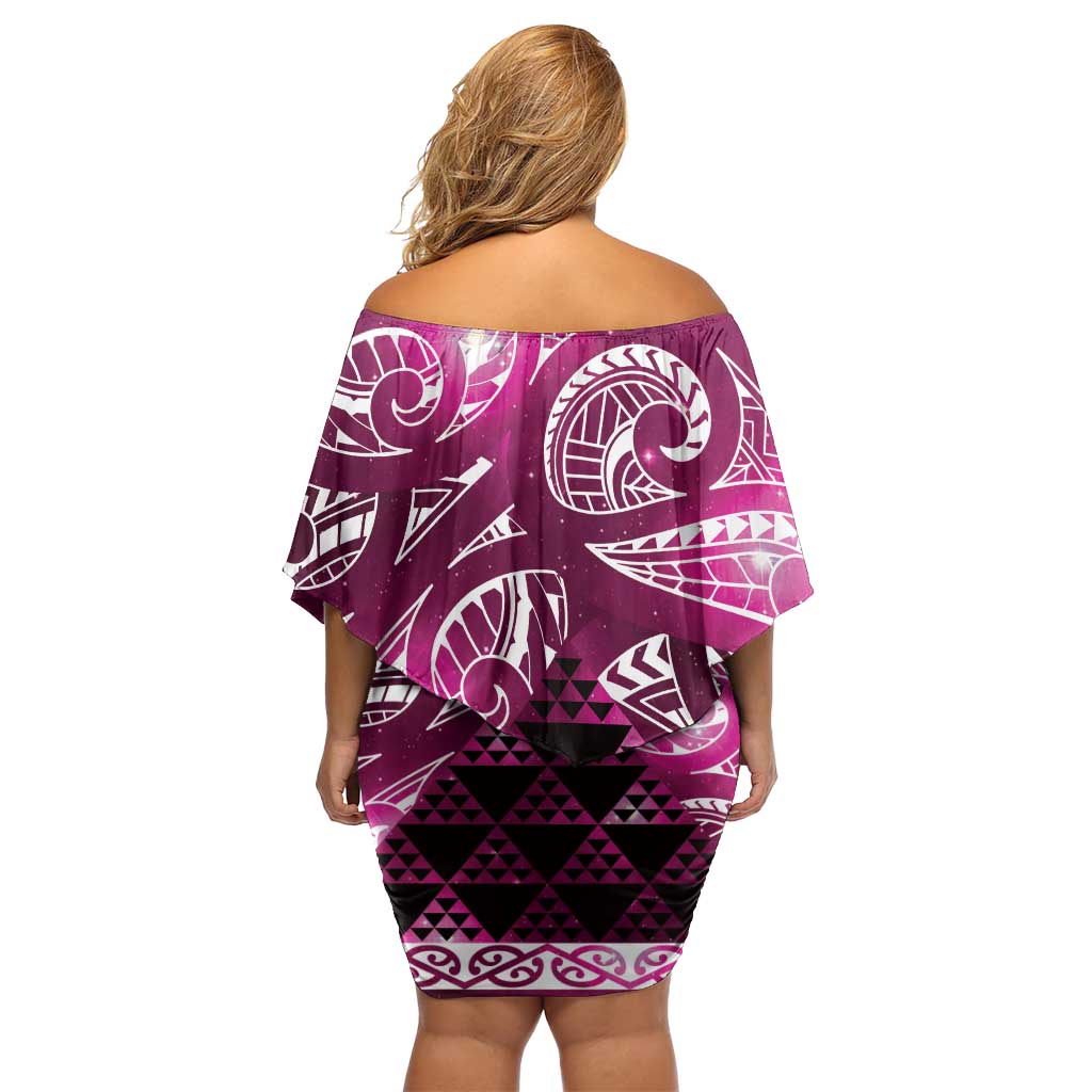 Matariki New Zealand Family Matching Off Shoulder Short Dress and Hawaiian Shirt NZ Niho Taniwha Maori New Year Pink Galaxy