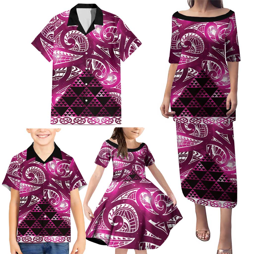 Matariki New Zealand Family Matching Puletasi and Hawaiian Shirt NZ Niho Taniwha Maori New Year Pink Galaxy