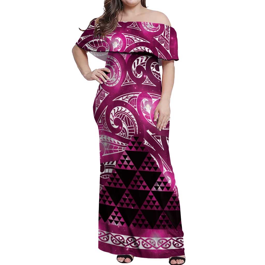 Matariki New Zealand Off Shoulder Maxi Dress NZ Niho Taniwha Maori New Year Pink Galaxy