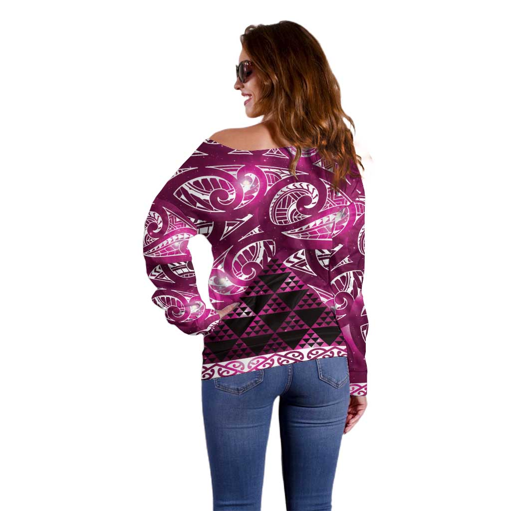 Matariki New Zealand Off Shoulder Sweater NZ Niho Taniwha Maori New Year Pink Galaxy LT14 - Polynesian Pride