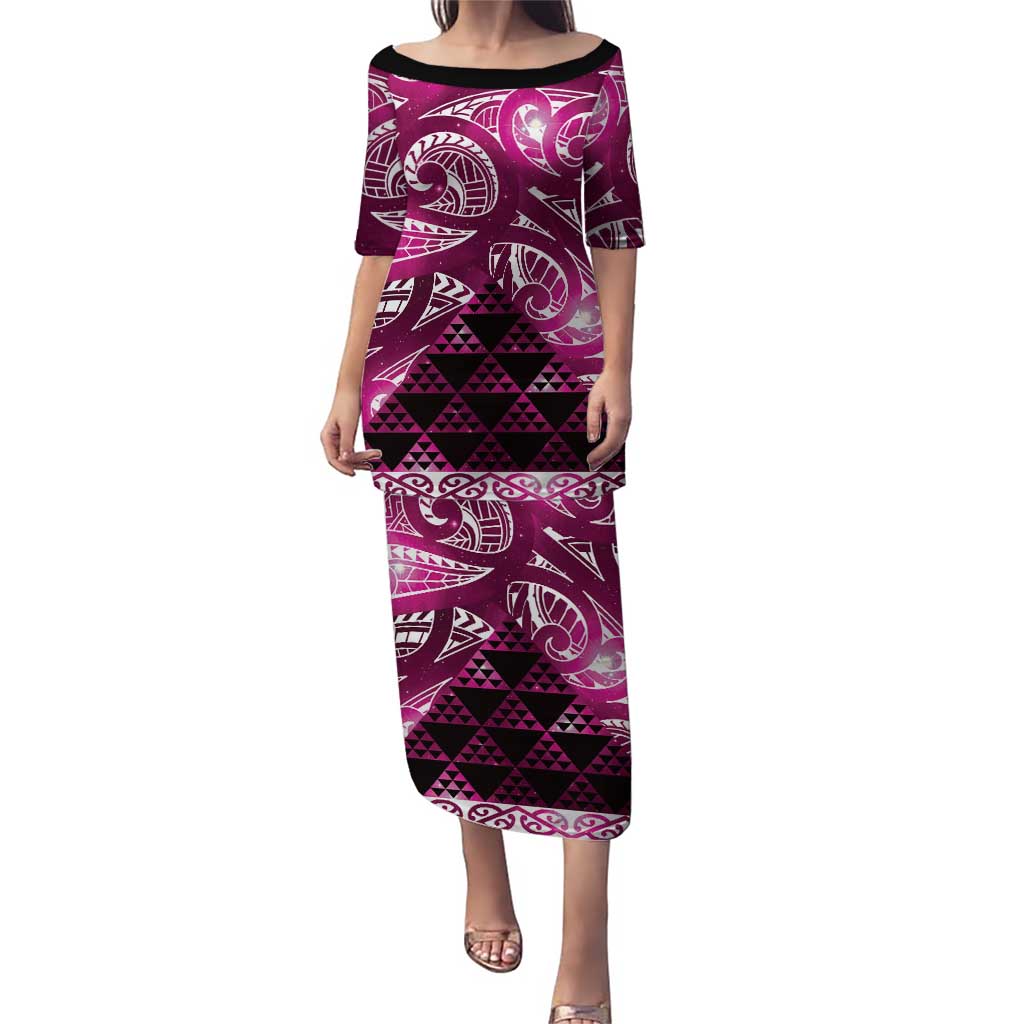 Matariki New Zealand Puletasi NZ Niho Taniwha Maori New Year Pink Galaxy LT14 Long Dress Pink - Polynesian Pride