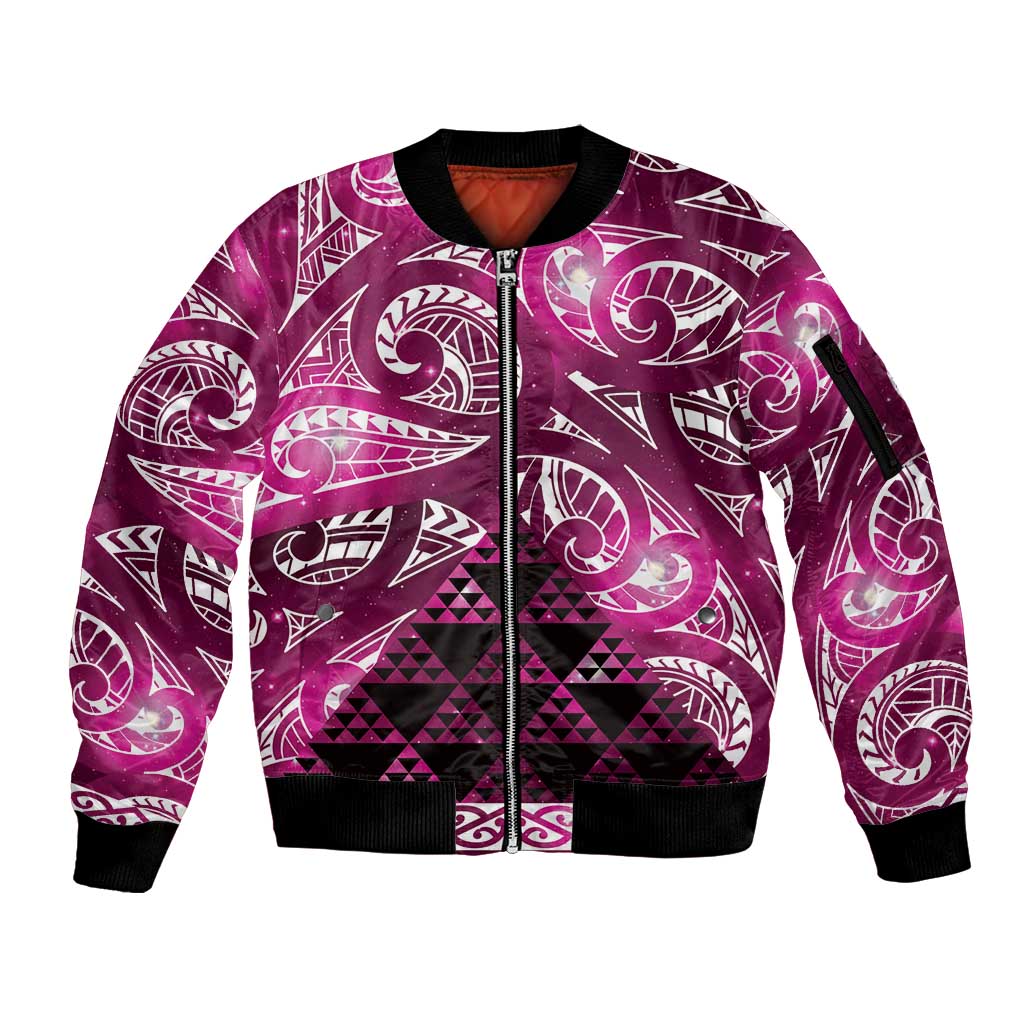 Matariki New Zealand Sleeve Zip Bomber Jacket NZ Niho Taniwha Maori New Year Pink Galaxy LT14 Unisex Pink - Polynesian Pride