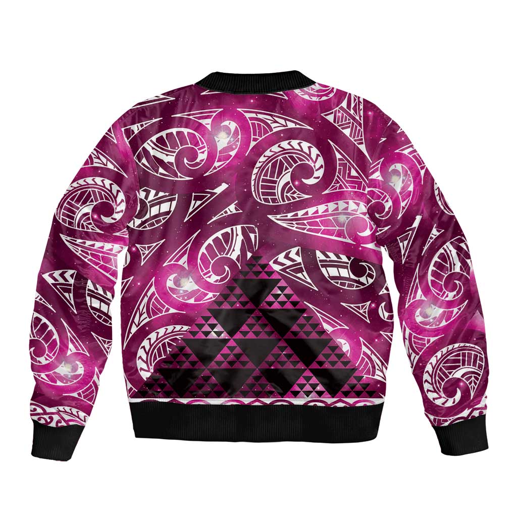 Matariki New Zealand Sleeve Zip Bomber Jacket NZ Niho Taniwha Maori New Year Pink Galaxy LT14 - Polynesian Pride
