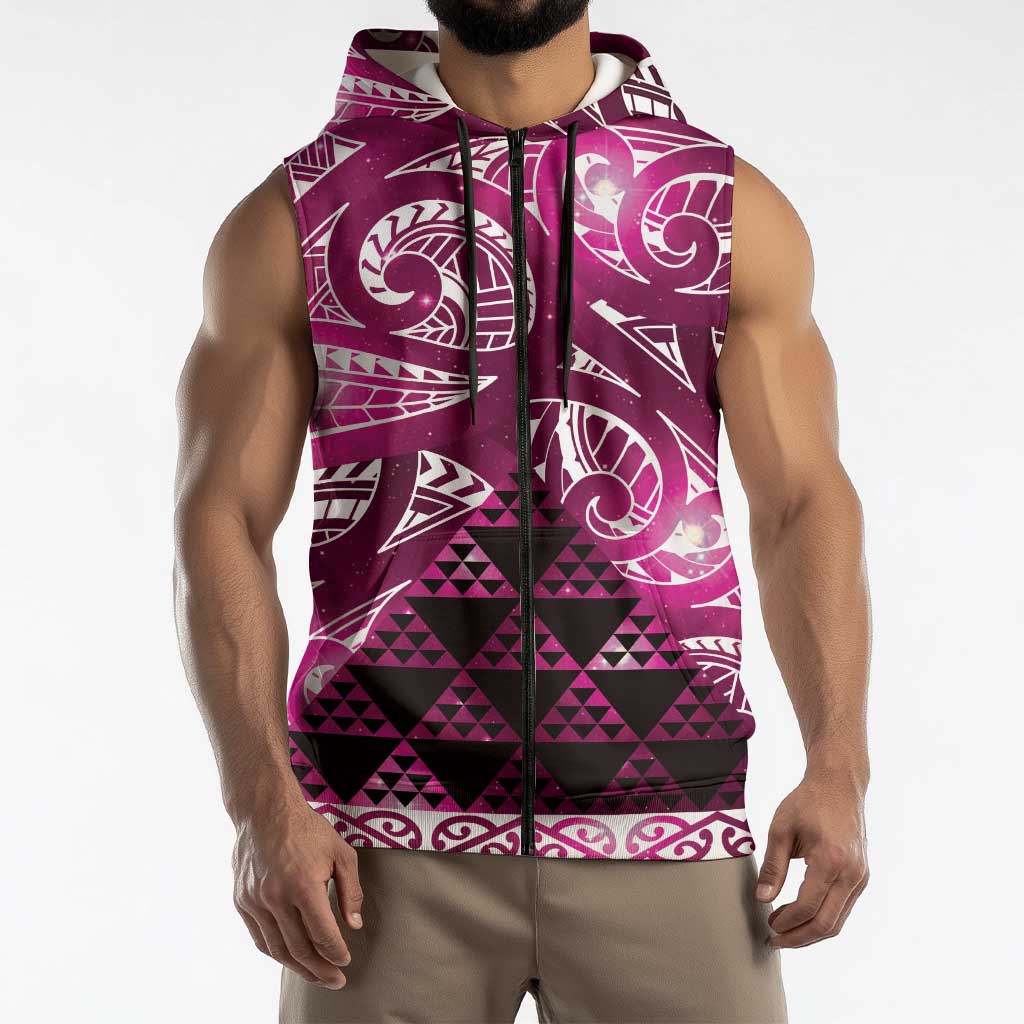 Matariki New Zealand Sleeveless Zip Hoodie NZ Niho Taniwha Maori New Year Pink Galaxy