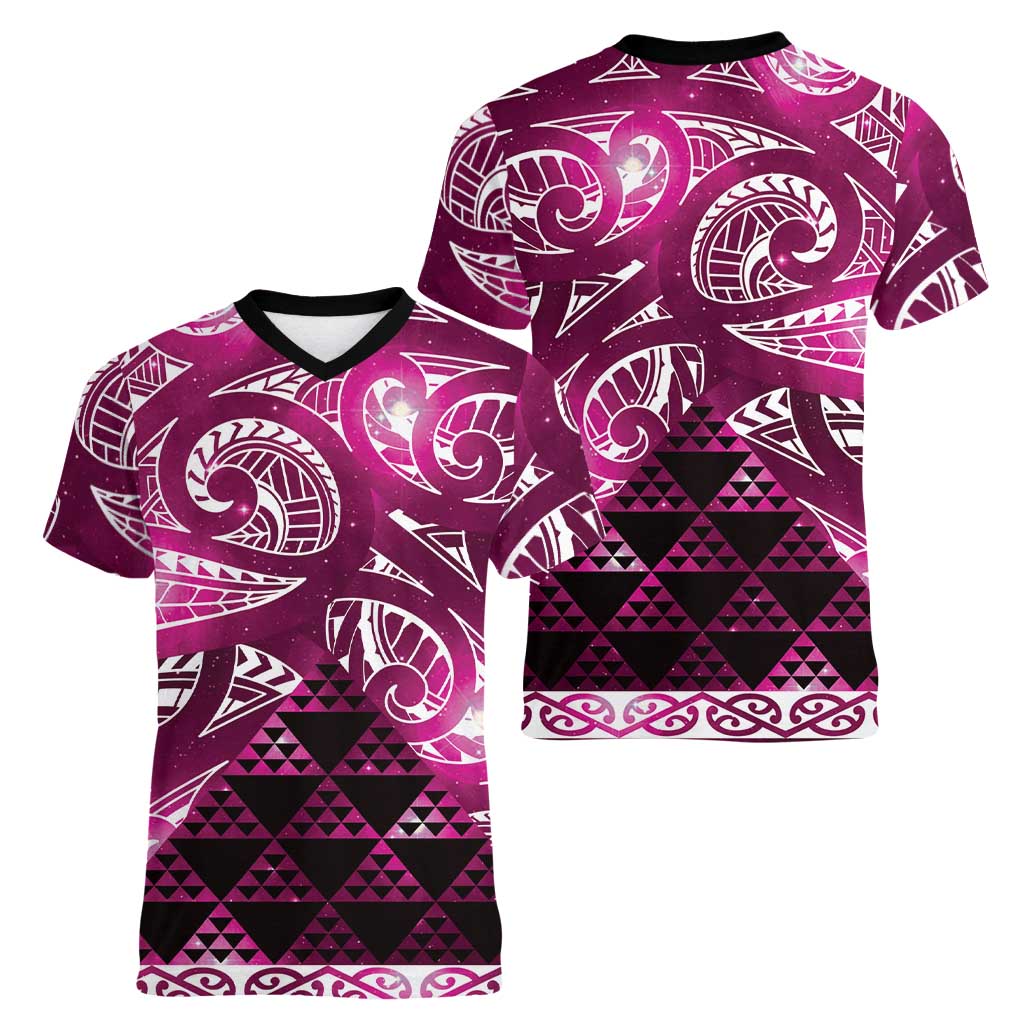 Matariki New Zealand Women V-Neck T-Shirt NZ Niho Taniwha Maori New Year Pink Galaxy