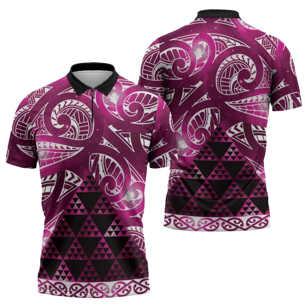 Matariki New Zealand Zipper Polo Shirt NZ Niho Taniwha Maori New Year Pink Galaxy