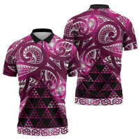 Matariki New Zealand Zipper Polo Shirt NZ Niho Taniwha Maori New Year Pink Galaxy