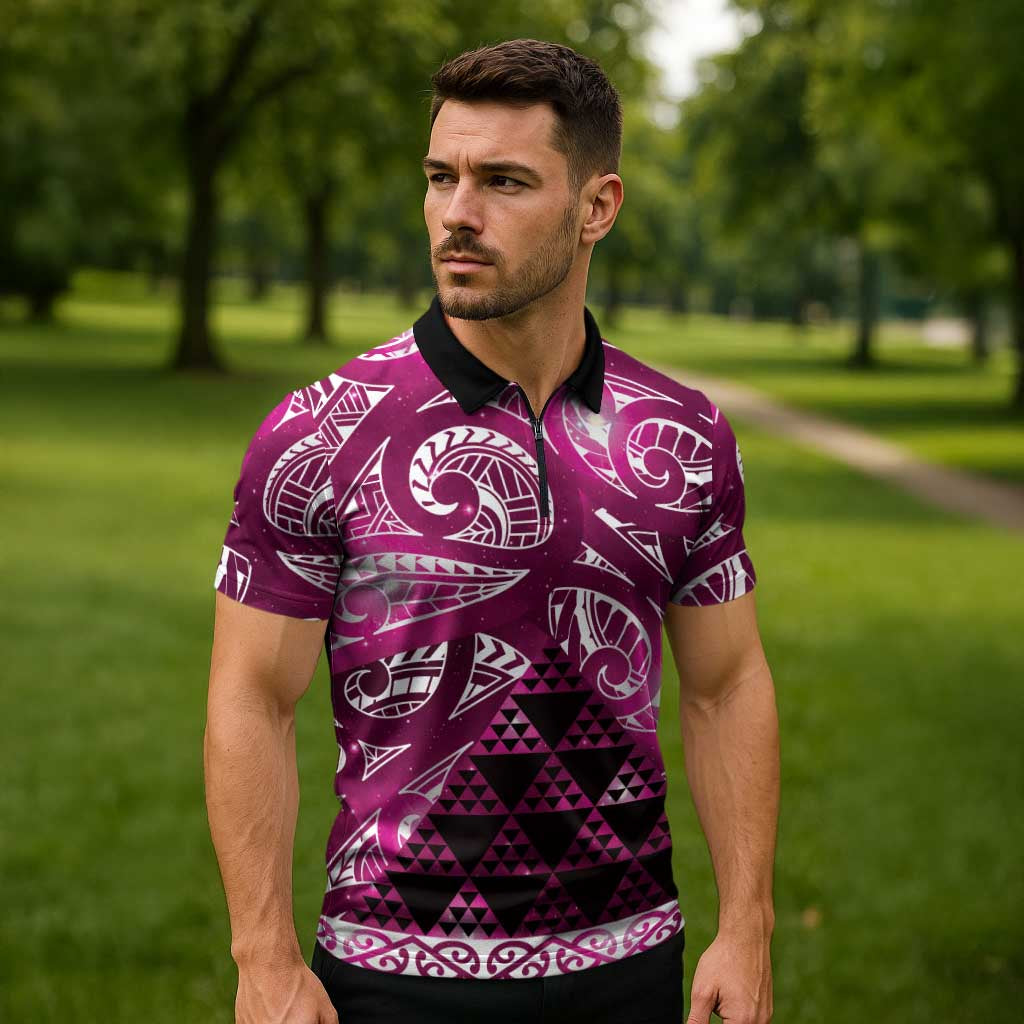 Matariki New Zealand Zipper Polo Shirt NZ Niho Taniwha Maori New Year Pink Galaxy