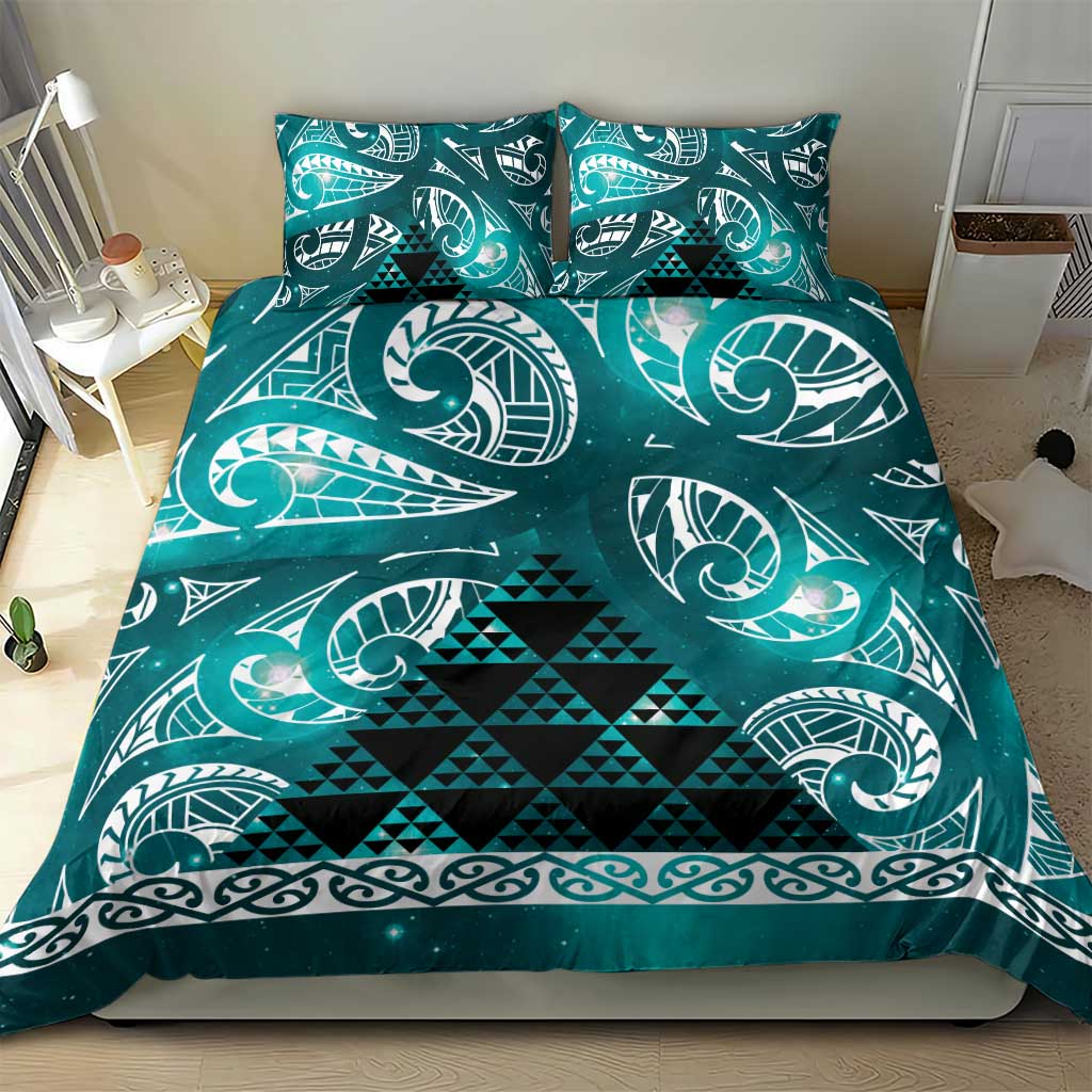 Matariki New Zealand Bedding Set NZ Niho Taniwha Maori New Year Cyan Galaxy
