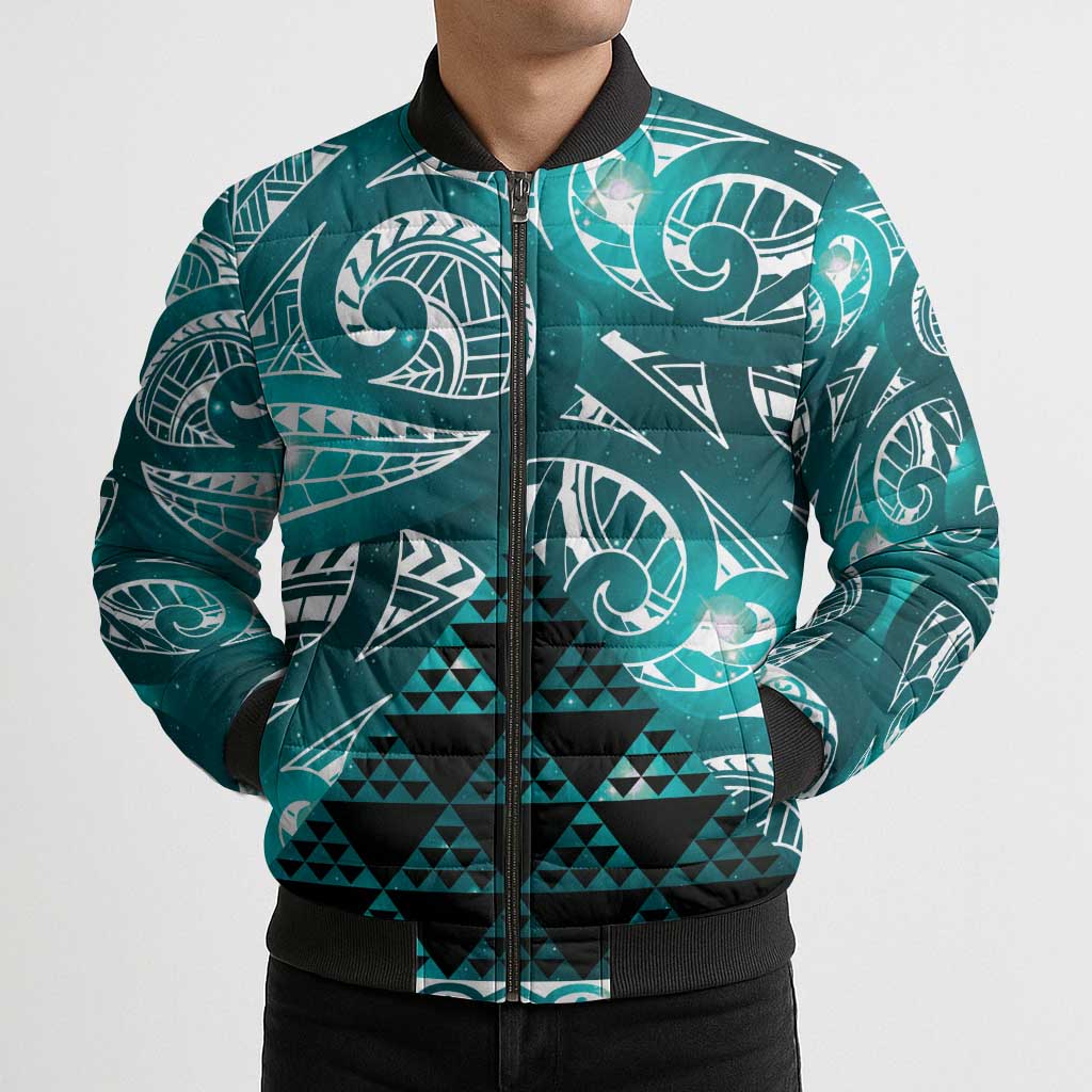 Matariki New Zealand Bomber Puffer Jacket NZ Niho Taniwha Maori New Year Cyan Galaxy