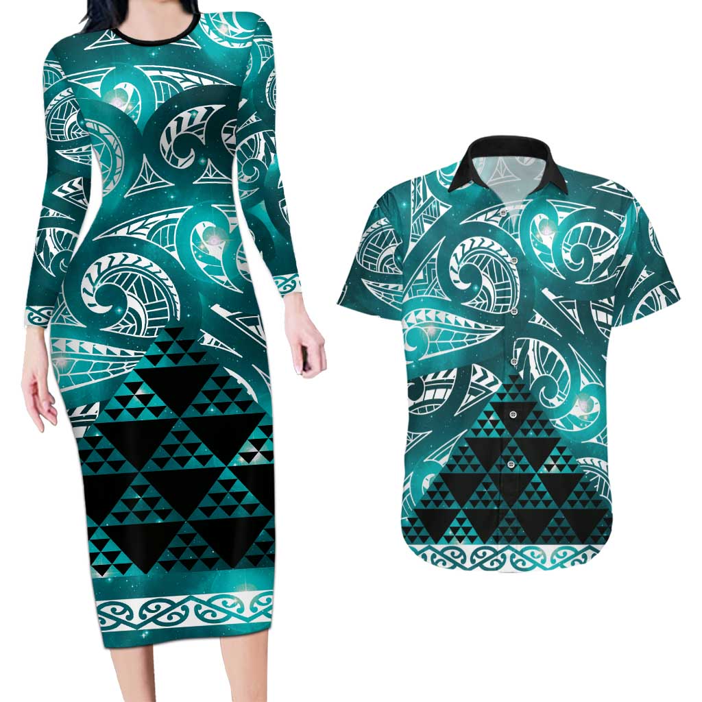 Matariki New Zealand Couples Matching Long Sleeve Bodycon Dress and Hawaiian Shirt NZ Niho Taniwha Maori New Year Cyan Galaxy
